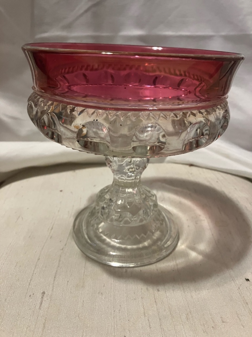 Vintage crafted glass n rose depression glass trim. Chalice like bowl. 5”circle